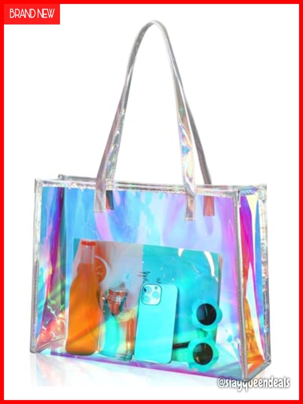 Holographic Clear PVC Tote Bag with Leather Handle, Waterproof Beach Stadium